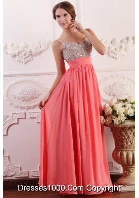 Watermelon Beading Decorate Bust Chiffon Prom Dress with Straps