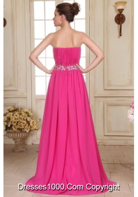 Hot Pink Beading Decorated Waist Strapless Chiffon Empire Prom Gown