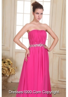 Hot Pink Beading Decorated Waist Strapless Chiffon Empire Prom Gown