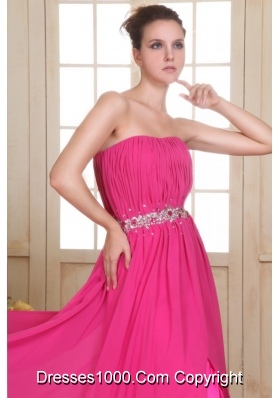 Hot Pink Beading Decorated Waist Strapless Chiffon Empire Prom Gown