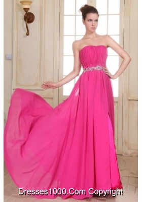 Hot Pink Beading Decorated Waist Strapless Chiffon Empire Prom Gown