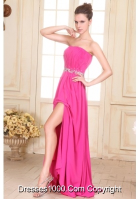 Hot Pink Beading Decorated Waist Strapless Chiffon Empire Prom Gown