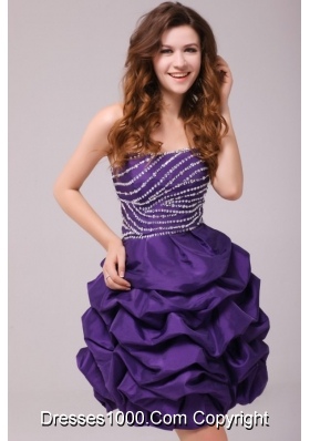 Grape Beaded Bodice Knee Length Prom Dress with Pick Ups