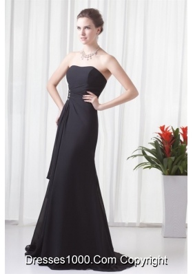 Black Column Strapless Brush Train Ruche Dress for Prom with Lace up