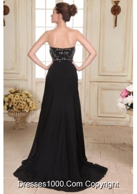 Black Strapless Beaded Bust Brush Train Dress with High Slit for Prom