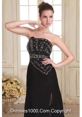 Black Strapless Beaded Bust Brush Train Dress with High Slit for Prom