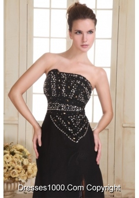 Black Strapless Beaded Bust Brush Train Dress with High Slit for Prom