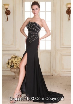 Black Strapless Beaded Bust Brush Train Dress with High Slit for Prom