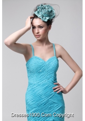 Blue Knee Length Prom Dress with Ruches and Straps