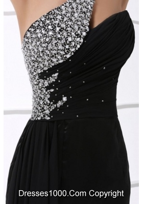 Beading Decorate One Shoulder Black Prom Dress with Slit