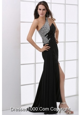 Beading Decorate One Shoulder Black Prom Dress with Slit