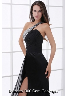 Beading Decorate One Shoulder Black Prom Dress with Slit