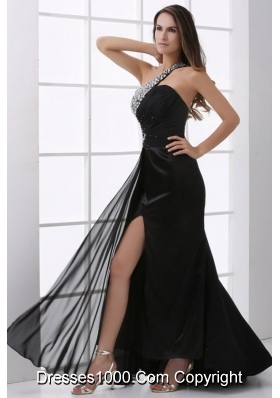 Beading Decorate One Shoulder Black Prom Dress with Slit