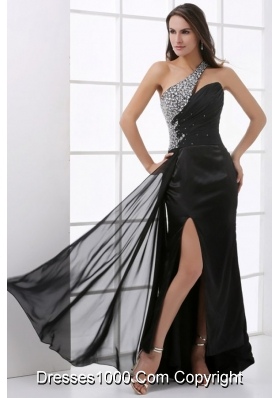 Beading Decorate One Shoulder Black Prom Dress with Slit