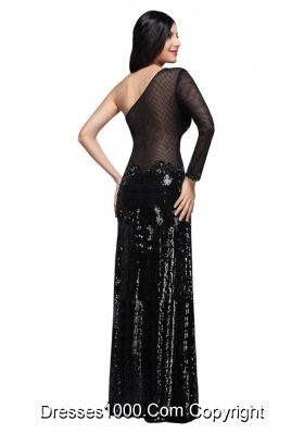 Column Black One Shoulder Long Sleeve Sequins High Slit Prom Dress