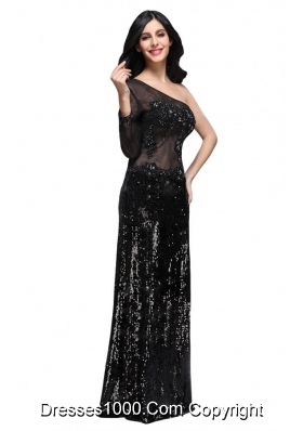 Column Black One Shoulder Long Sleeve Sequins High Slit Prom Dress