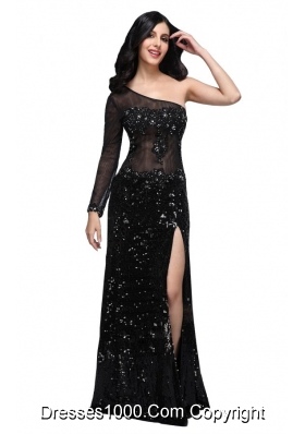 Column Black One Shoulder Long Sleeve Sequins High Slit Prom Dress