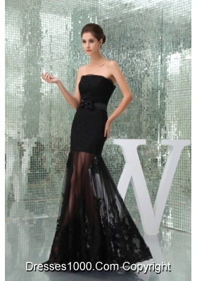 Beautiful Black Mermaid Strapless Prom Dress with Lace and Bowknot