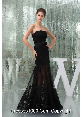 Beautiful Black Mermaid Strapless Prom Dress with Lace and Bowknot