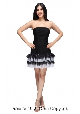 Column Black Strapless Ruching Ruffled Layers Mini-length Prom Dress