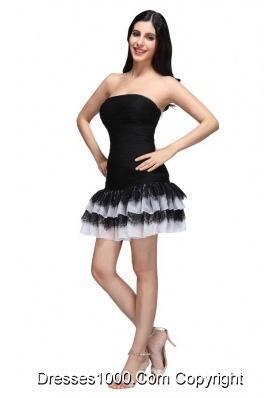Column Black Strapless Ruching Ruffled Layers Mini-length Prom Dress