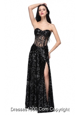 Super Hot Column Black Sweetheart Sequins Prom Dresses with High Slit