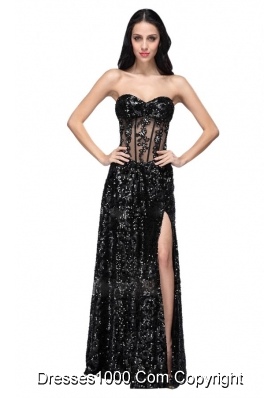 Super Hot Column Black Sweetheart Sequins Prom Dresses with High Slit