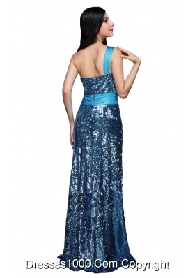 Column Blue Sequins One Shoulder Beading Ruching Long Prom Dress