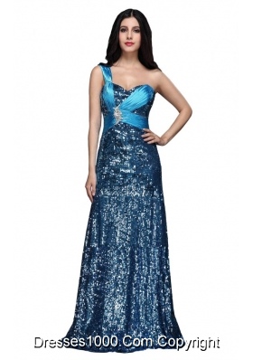 Column Blue Sequins One Shoulder Beading Ruching Long Prom Dress