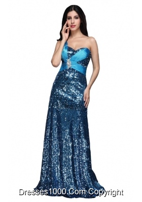 Column Blue Sequins One Shoulder Beading Ruching Long Prom Dress