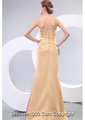 Column Champagne Spaghetti Straps Prom Dress with Ruching Appliques