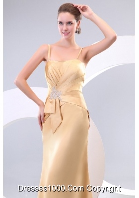 Column Champagne Spaghetti Straps Prom Dress with Ruching Appliques