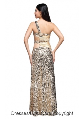 Column Champagne One Shoulder Sequins Ruching Dresses for Prom