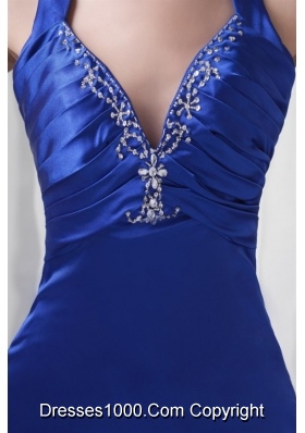 Column Halter Watteau Train Beading Prom Formal Dress in Royal Blue