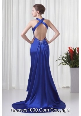 Column Halter Watteau Train Beading Prom Formal Dress in Royal Blue