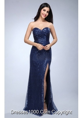 Column Navy Blue Sweetheart Sequins High Slit Prom Celebrity Dress