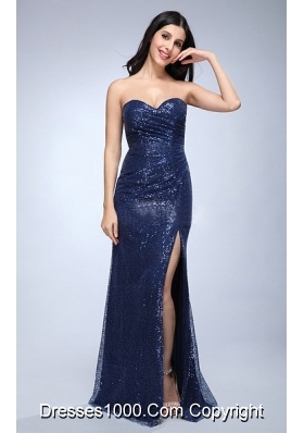 Column Navy Blue Sweetheart Sequins High Slit Prom Celebrity Dress