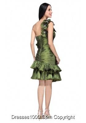 Column Olive Green One Shoulder Flower Ruching Prom Pageant Dress