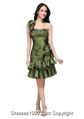 Column Olive Green One Shoulder Flower Ruching Prom Pageant Dress