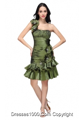 Column Olive Green One Shoulder Flower Ruching Prom Pageant Dress