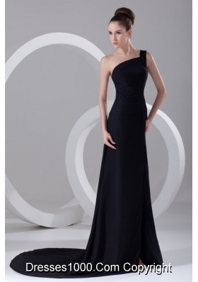 Column One Shoulder Black Ruching Slit Prom Dress with Brush Train