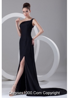 Column One Shoulder Black Ruching Slit Prom Dress with Brush Train