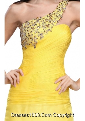 Yellow Beading One Shoulder Floor Length Prom Evening Dress