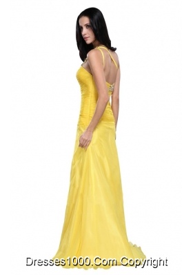 Yellow Beading One Shoulder Floor Length Prom Evening Dress