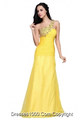 Yellow Beading One Shoulder Floor Length Prom Evening Dress