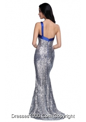 Silver Sequins Column Prom Evening Dress With One Shoulder Strap