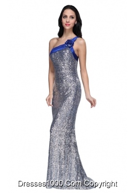 Silver Sequins Column Prom Evening Dress With One Shoulder Strap