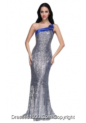 Silver Sequins Column Prom Evening Dress With One Shoulder Strap