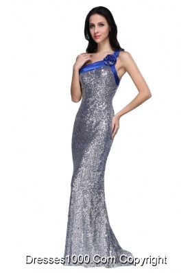 Silver Sequins Column Prom Evening Dress With One Shoulder Strap