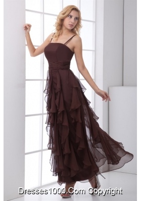 Ankle Length Brown Chiffon Prom Dress with Straps and Layers